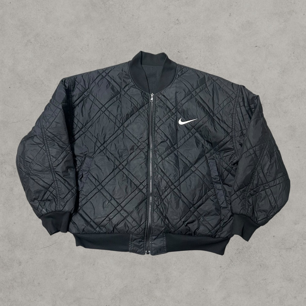 Nike Quilted Bomber Jacket Mens Large Black Vintage Big Swoosh Zip Reversible